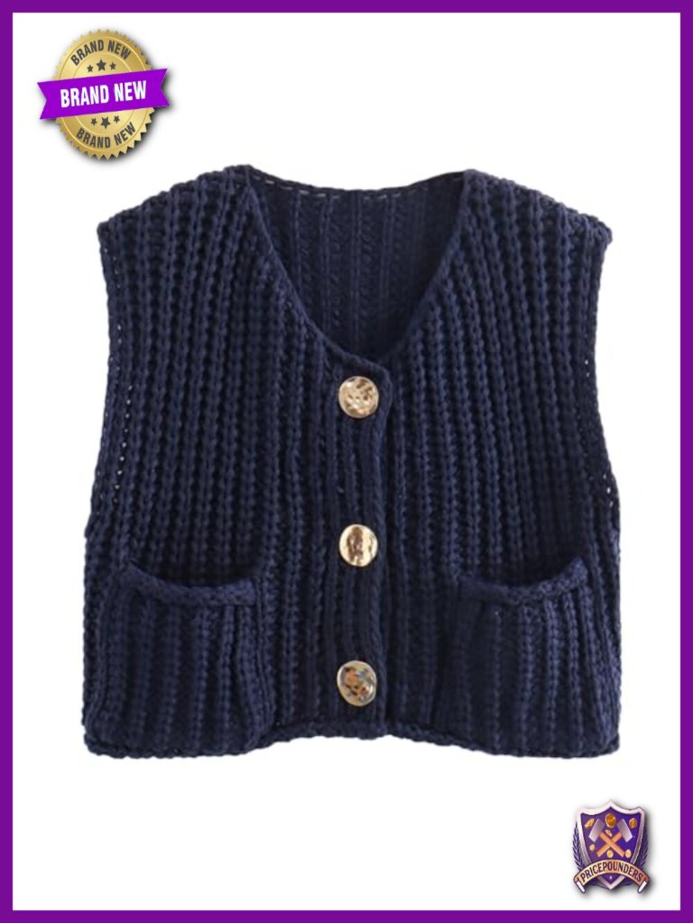 Sleeveless Cropped Button Down Knit Crochet Sweater Vest with Pockets